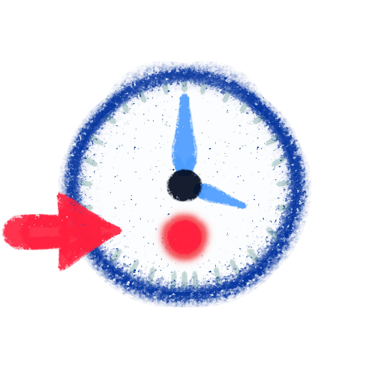 a white clock face with a red dot at the bottom, and a red arrow on the left pointing right very far away from the dot, with blue hands.